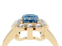 Fancy Blue Emerald Cut Diamond Halo Cluster Engagement Ring Set in Yellow gold with Solitaire Band and Prong Setting
