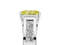 Fancy Yellow Emerald Cut Diamond Solitaire Ring Set in Platinum with Channel-Set Accent Stones and Prong Setting