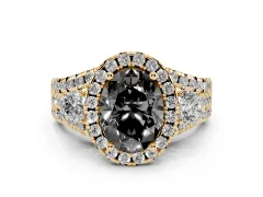 Fancy Black Oval Cut Diamond Halo Split Shank Ring Set in Yellow gold with Round Accent Stones and Prong Setting