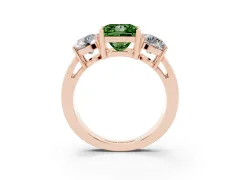 Fancy Green Princess Cut Diamond Three-Stone Ring Set in Rose gold with Round Side Stones and Classic Band
