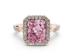 Fancy Pink Radiant Cut Diamond Halo Twist Band Solitaire Ring Set in Rose gold with Prong Setting