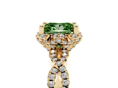 Fancy Green Princess Cut Diamond Halo Twist Band Solitaire Ring Set in Yellow gold with Prong-Set Center Stone