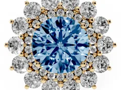 Fancy Blue Round Cut Diamond Floral Double Halo Ring Set in Yellow gold with Round Petals