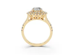 Round Cut Diamond Double Halo Ring Set in Yellow gold with Pavé Split Shank and Prong Setting