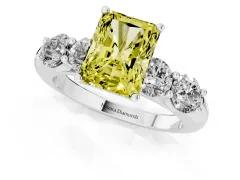 Fancy Yellow Radiant Cut Diamond Five-Stone Prong Set Ring Set in Platinum with Classic Band