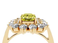 Fancy Yellow Emerald Cut Diamond Floral Double Halo Ring Set in Yellow gold with Round Petals