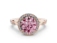 Fancy Pink Round Cut Diamond Halo Twist Band Solitaire Ring Set in Rose gold with Prong Setting