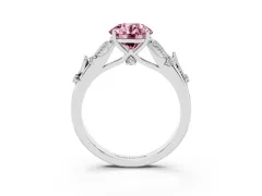 Fancy Pink Round Cut Diamond Solitaire Ring Set in Silver with Leaf Motif Band