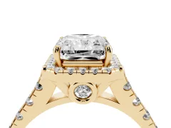 Radiant Cut Diamond Halo Engagement Ring Set in Yellow gold with Pavé Band and Prong-Set Center