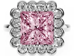 Fancy Pink Princess Cut Diamond Halo Cluster Engagement Ring Set in Platinum with Solitaire Band and Prong Setting
