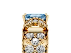 Fancy Blue Emerald Cut Diamond Milgrain Halo Pavé Engagement Ring Set in Yellow gold with Prong Setting