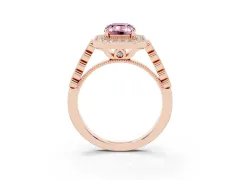 Fancy Pink Emerald Cut Diamond Milgrain Halo Solitaire Ring Set in Rose gold with Bezel Set Side Stones and Pavé Band