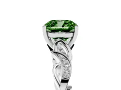Fancy Green Cushion Cut Diamond Vine Band Solitaire Ring Set in Platinum with Milgrain Prong Setting