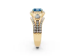 Fancy Blue Asscher Cut Diamond Halo Split Shank Ring Set in Yellow gold with Round Accent Stones and Prong Setting