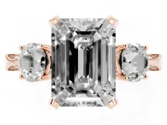 Fancy Green Emerald Cut Diamond Three-Stone Ring Set in Rose gold with Pavé Band and Smaller Side Stones