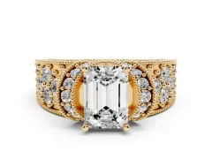Emerald Cut Diamond Milgrain Halo Pavé Engagement Ring Set in Yellow gold with Prong Setting