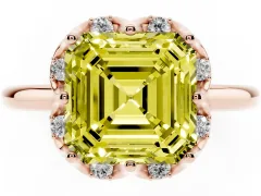 Fancy Yellow Asscher Cut Diamond Round Cluster Halo Ring Set in Rose gold with Solitaire Band and Prong Setting