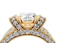Oval Cut Diamond Milgrain Halo Pavé Engagement Ring Set in Yellow gold with Prong Setting
