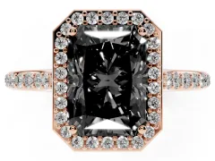 Fancy Black Radiant Cut Diamond Halo Engagement Ring Set in Rose gold with Round Pavé Shoulders and Heart Gallery