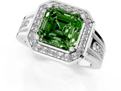 Fancy Green Asscher Cut Diamond Halo Ring Set in White gold with Pavé and Bezel Accent Split Shank