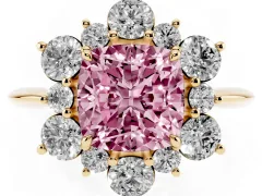 Fancy Pink Cushion Cut Diamond Cluster Halo Ring Set in Yellow gold with Solitaire Band and Prong Setting
