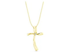 Curved Cross Pendant Set in Yellow gold with Bezel-Set Round Diamond