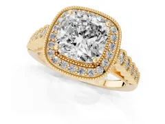 Cushion Cut Diamond Milgrain Halo Solitaire Ring Set in Yellow gold with Bezel Set Side Stones and Pavé Band