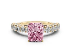 Fancy Pink Radiant Cut Diamond Solitaire Ring Set in Yellow gold with Shared Prong Pavé Band