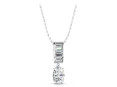 Oval and Baguette Diamond Drop Pendant Set in Silver with Baguette-Accented Bail