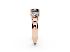 Fancy Black Cushion Cut Diamond Three-Stone Ring Set in Rose gold with Round Side Stones and Classic Band