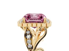 Fancy Pink Asscher Cut Diamond Halo Ring Set in Yellow gold with Leaf Motif Split Shank and Prong Setting