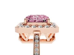 Fancy Pink Radiant Cut Diamond Halo Ring Set in Rose gold with Accent-Lined Split Shank and Prong Setting