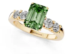 Fancy Green Emerald Cut Diamond Five-Stone Prong Set Engagement Ring Set in Yellow gold with Channel Band