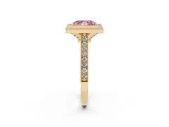 Fancy Pink Princess Cut Diamond Halo Milgrain Pavé Band Ring Set in Yellow gold with Prong Setting