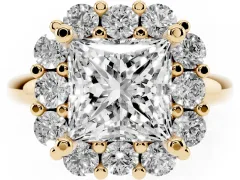 Princess Cut Diamond Halo Cluster Engagement Ring Set in Yellow gold with Polished Band and Prong Setting