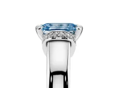 Fancy Blue Emerald Cut Diamond Pavé Band Solitaire Ring Set in Platinum with Prong Setting