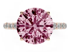 Fancy Pink Round Cut Diamond Solitaire Engagement Ring Set in Rose gold with Round Pavé Band and Prong Setting
