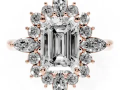 Emerald Cut Diamond Cluster Halo Ring Set in Rose gold with Marquise and Round Accents