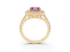 Fancy Pink Asscher Cut Diamond Double Halo Ring Set in Yellow gold with Pavé Band