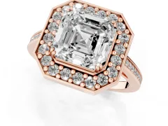 Asscher Cut Diamond Halo Ring Set in Rose gold with Accent-Lined Split Shank and Prong Setting
