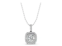 Round Diamond Double Halo Pendant Set in White gold with Pavé Rings and Prong-Set Center