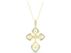 Round Diamond Cross Pendant Set in Yellow gold with Pavé and Milgrain Edge