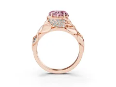 Fancy Pink Heart Cut Diamond Leaf-Inspired Engagement Ring Set in Rose gold with Round Accents