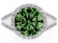 Fancy Green Round Cut Diamond Halo Split Shank Ring Set in Platinum with Accent Stones and Prong Setting
