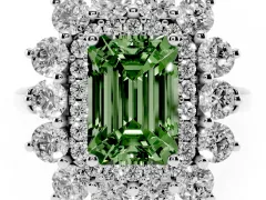 Fancy Green Emerald Cut Diamond Floral Double Halo Ring Set in White gold with Round Petals