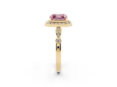 Fancy Pink Asscher Cut Diamond Halo Engagement Ring Set in Yellow gold with Twisted Band and Prong Setting