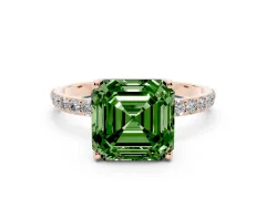 Fancy Green Asscher Cut Diamond Solitaire Engagement Ring Set in Rose gold with Round Pavé Band and Prong Setting