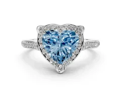 Fancy Blue Heart Cut Diamond Halo Ring Set in White gold with Pavé-Lined Shoulders and Prong Setting