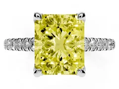 Fancy Yellow Radiant Cut Diamond Solitaire Ring Set in Silver with Brilliant Pavé Band and Prong Setting