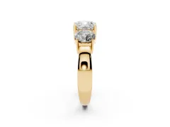 Cushion Cut Diamond Three-Stone Ring Set in Yellow gold with Round Side Stones and Classic Band